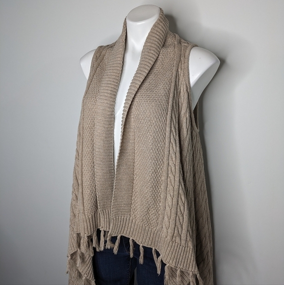 Matilda Jane tan cable knit fringe open cardigan sweater S - Picture 2 of 9